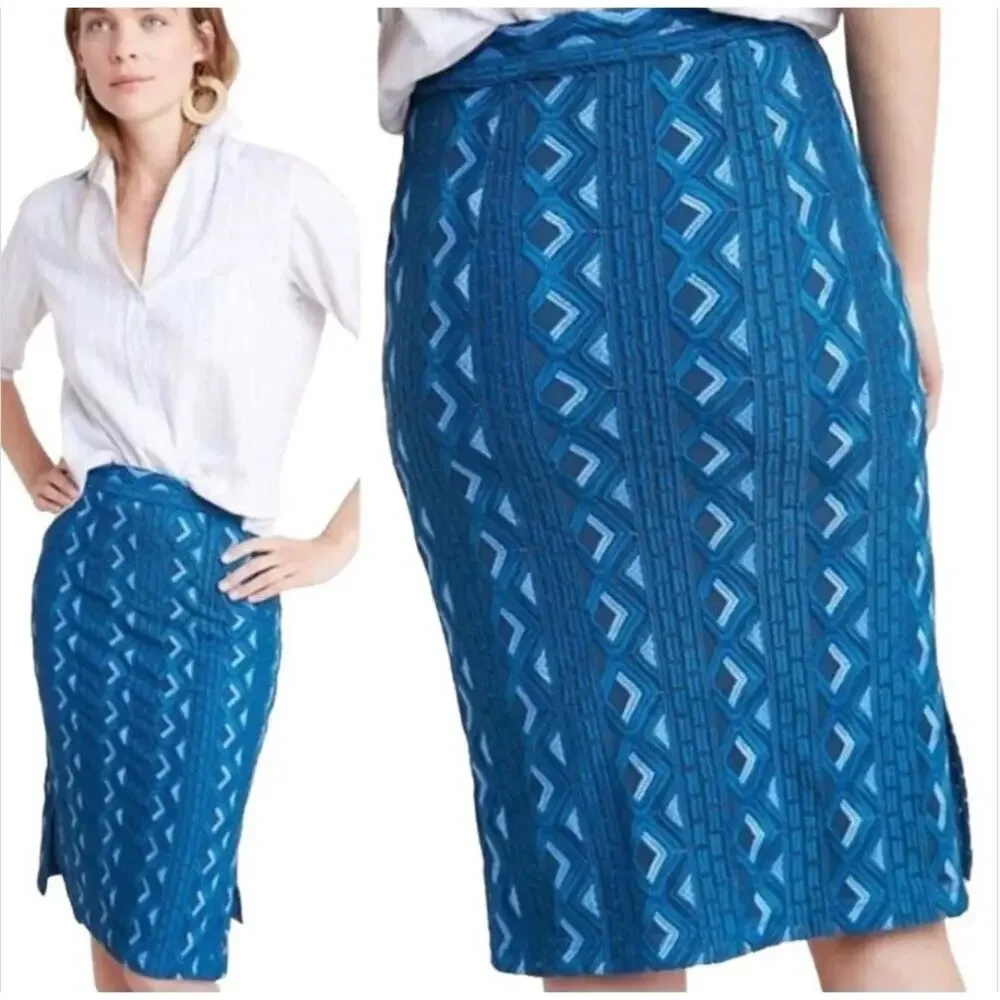 ANTHROPOLOGIE SIENNA EMBROIDERED PENCIL MIDI SKIRT – WOMEN’S US 8 – TEAL – LINED